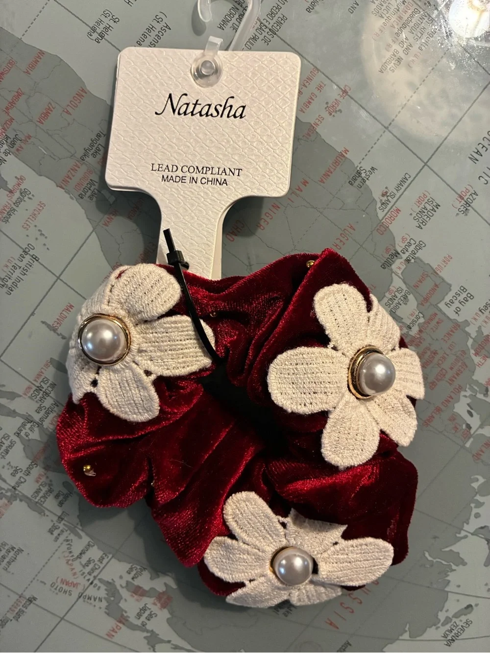 Natasha Couture Burgundy Velvet Scrunchie with Cream Floral Pearls